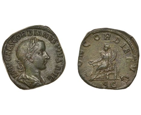 Roman Imperial Coinage, Gordian III, Sestertius, 240, laureate and draped bust right, rev. Concordia seated left, holding pat