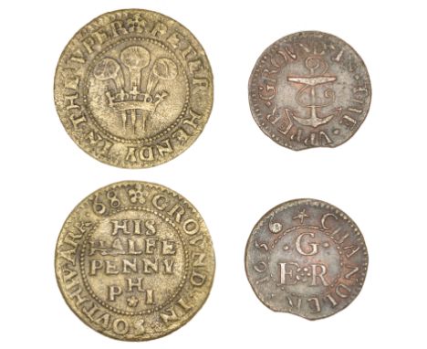 Southwark, Upper Ground, E.R.G. chandler, Farthing, 1656, 1.26g/12h (E 1017; N 5149; BW. 480); Peter Hendy, Halfpenny, [16]68