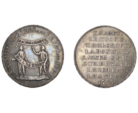 18th Century Tokens, Unlocalised issues, Kempson’s Erskine and Gibbs Proof Halfpenny, 1794, in silver, two barristers standin