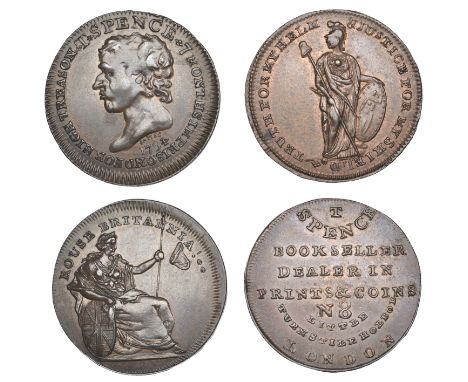 18th Century Tokens, LONDON, Thomas Spence series, mule Halfpence (2), bust left, rev. Britannia, 11.88g/6h (DH 678a), t spen