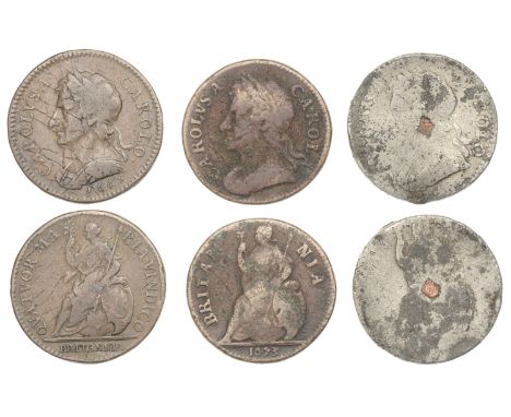 Charles II, Pattern Farthing, 1665, in copper, edge plain (BMC 412); Farthings (2), 1673 carola, 1684 (S 3394-5) [3]. Fair to