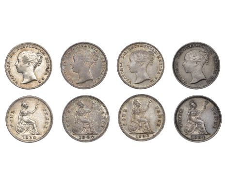 Victoria, Britannia Groats (4), 1838 (8 over horizontal 8), 1840, 1843, 1854 (S 3913) [4]. First cleaned otherwise very fine,