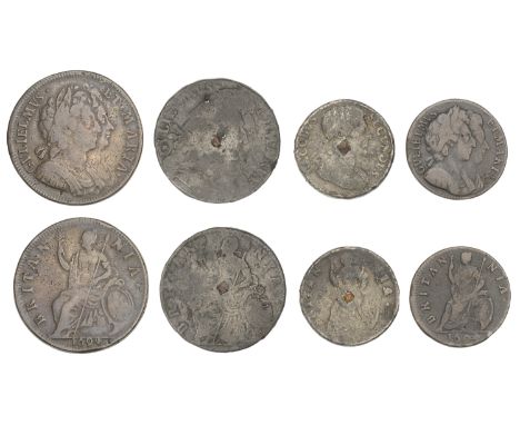 James II, Farthing, date unclear (S 3421); William and Mary, Halfpence (2), 1690, 1694, Farthing, 1694 (S 3448, 3452-3) [4]. 