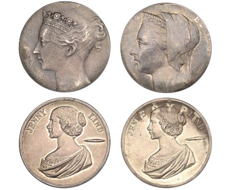 SWEDEN, Jenny Lind, c. 1900 (?), silver uniface strikings (2), draped bust left, both approx. 30mm [2]. Struck on cut down Br