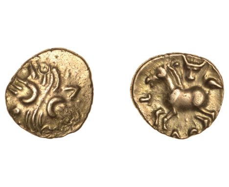 British Iron Age, CATUVELLAUNI, Tasciovanus, Quarter-Stater, overlapping wreaths, one curved, crescents in centre, v[e]r and 