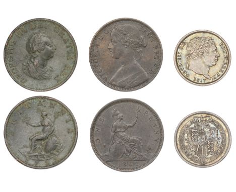 George III, Shilling, 1817 (S 3790); Victoria, Penny, 1862 (S 3954); together a George III Halfpenny [3]. First sometime clea