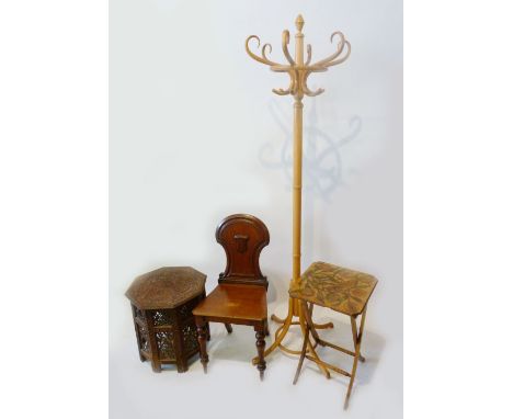 A Victorian Mahogany Hall Chair, together with an Eastern folding table, another folding table and a bentwood hat and coat st