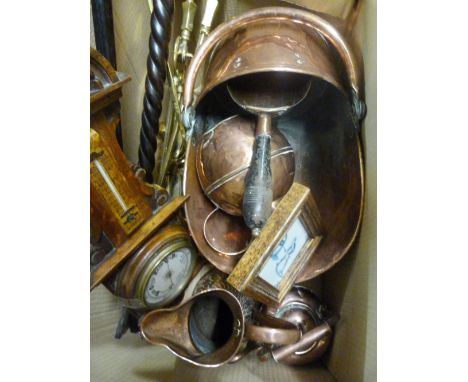A Collection of Copper and Brass Fire Furniture, together with other items to include a barometer thermometer and a walking c