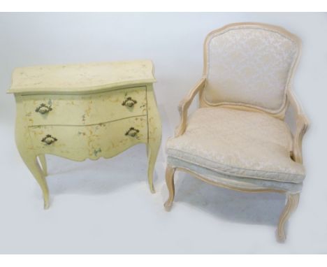 A 20th Century Painted Bombe Commode with Cabriole Legs, together with a French Fauteuil