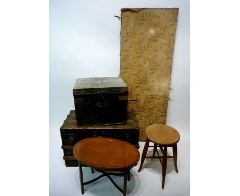An Early 20th Century Car Trunk, together with another travelling trunk, a two-fold screen, a stool and an oval occasional ta