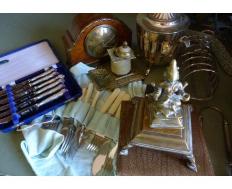 A Small Collection of Plated Items to include a teapot, a toast rack and various items of flatware, together with a walnut ca