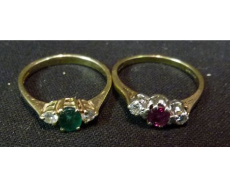 A 9ct. Gold Amethyst Set Ring, together with another similar emerald set ring