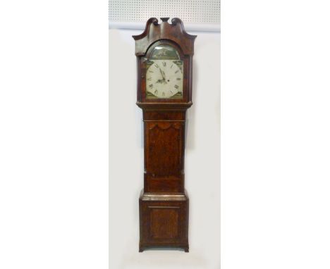 A George III Oak and Mahogany Longcase Clock, the arched hood with swan neck pediment above a shaped door raised upon low oge