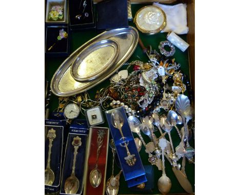 A Birmingham Silver Oval Pin Tray, together with another similar and a collection of costume jewellery and souvenir spoons