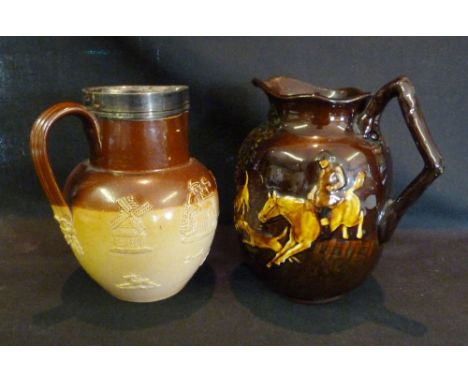 A Doulton Lambert Stoneware Silver Mounted Harvest Jug, together with another similar Doulton hunting jug