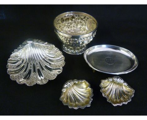 A Sheffield Silver Butter Dish of Scallop Form, together with two Chester silver salts of scallop form, a Sheffield silver pe