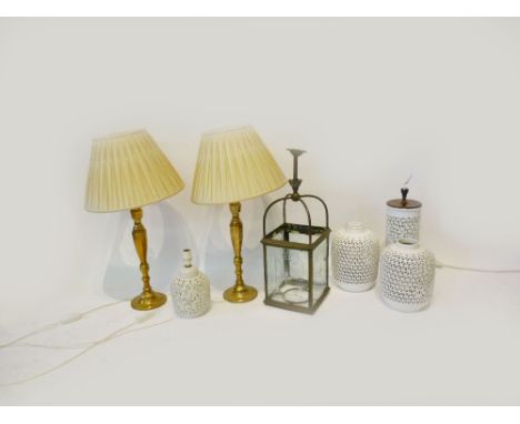 A Brass Hall Lantern with Engraved Glass Panels, together with a pair of brass table lamps and three Chinese pottery table la