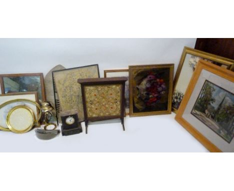 A Black Slate Mantle Clock (a/f), together with a collection of other items to include an African tribal shield, various pict