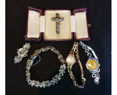 A 9ct. Gold Cased Ladies' Wristwatch, together with a small collection of other jewellery to include a cased crucifix