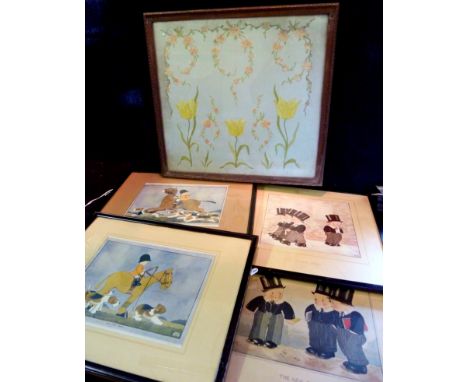 After Chloe Preston, A Group of Four Prints, together with a foliate silk panel