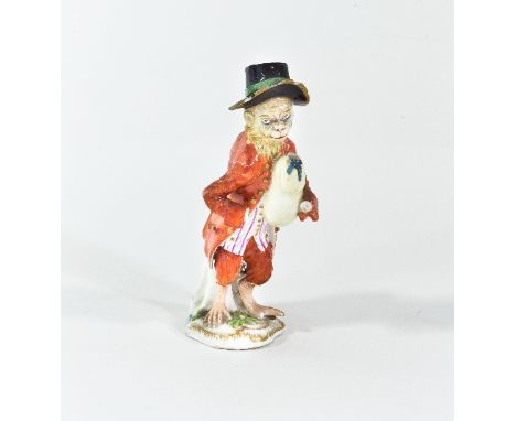 A 18th Century German porcelain monkey band figure, underglaze blue factory mark to foot rim, incised mark CB33 14.5cm high/P