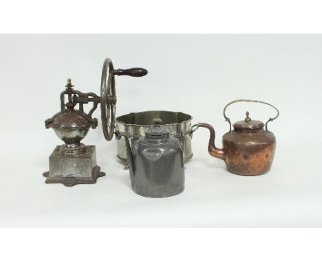 A French coffee grinder marked Peugeot Frères, Brevete SGOC, a copper kettle, the brass handle marked Chull, Yeovil, a plated
