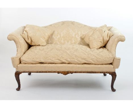 A George I style settee, with camel back on cabriole legs covered in gold damask, 155cm wide/see illustration Condition Repor