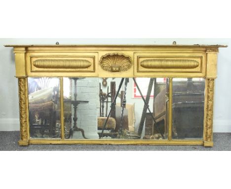 A William IV gilt three-part overmantel mirror with shell set frieze, 140cm wide