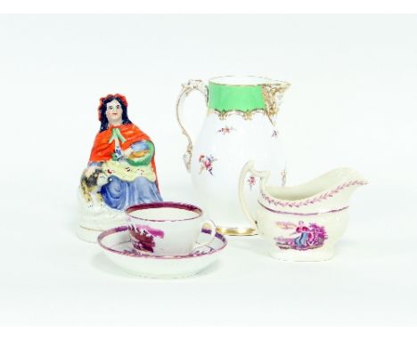 A Staffordshire figure, The Cobbler's Wife, 15.5cm high, a figure of a man in a pink coat, 15cm high and a Chamberlains Worce