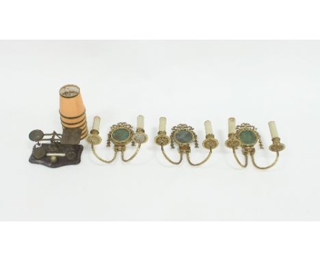Three two-branch wall lights, 24cm wide and a set of postal scales