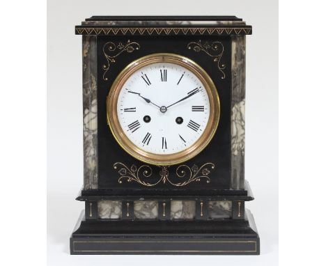 A Belgian slate mantel clock with enamel dial and striking eight-day movement, 31cm high