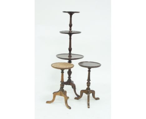 A mahogany three-tier whatnot on a turned column and tripod support and two small tables