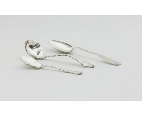 An American silver sauce ladle, Gorham, with scrolling border to the stem and lobed bowl, a matching jam spoon and an Italian