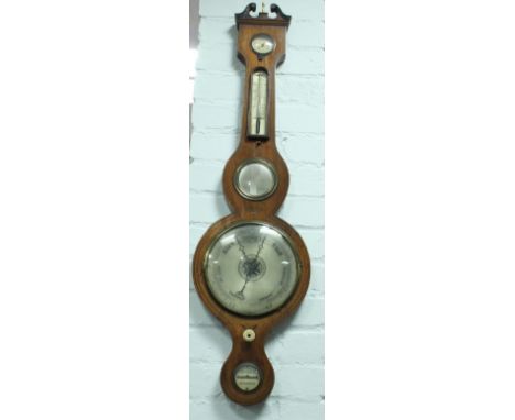 A Regency rosewood barometer and thermometer in an inlaid banjo shaped case, by D Maffia, Monmouth