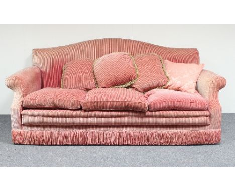 A pink velvet three-seater upholstered sofa, 190cm wide Condition Report: Material faded, frame sound, some staining to uphol