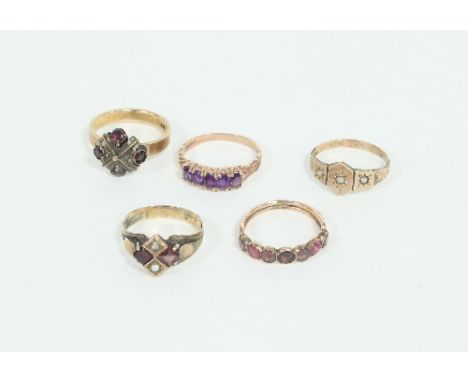 Five gem set dress rings including a seven-stone garnet ring, a five-stone amethyst ring set in 9ct gold, a split pearl set r