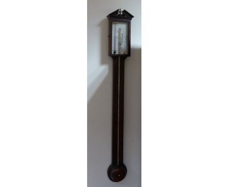 A mahogany stick barometer, Ortelli and Co, Macclesfield, in mahogany chequer strung case with broken arch pediment and silve