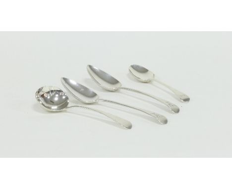 A pair of George III silver dessert spoons, SA, London 1795, of old English pattern, crested, a sauce ladle and a dessert spo