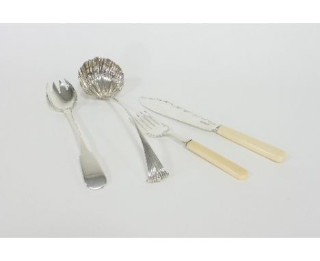 A pair of silver fish servers, A & D, Sheffield 1910/1911, a George IV salad fork, William Bateman, London 1824 and a soup la