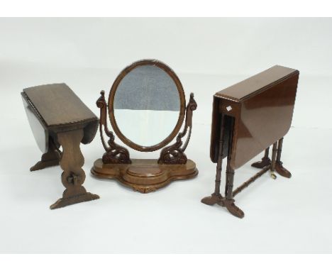 A Victorian walnut swing frame toilet mirror, 59cm wide and two two-flap tables