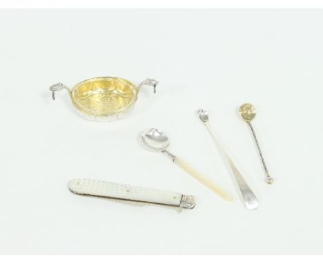 A Victorian silver folding fork, Sheffield 1866, with mother-of-pearl handle, a Norwegian silver open salt of longboat form a