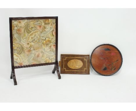 A needlework fire screen, and a tray