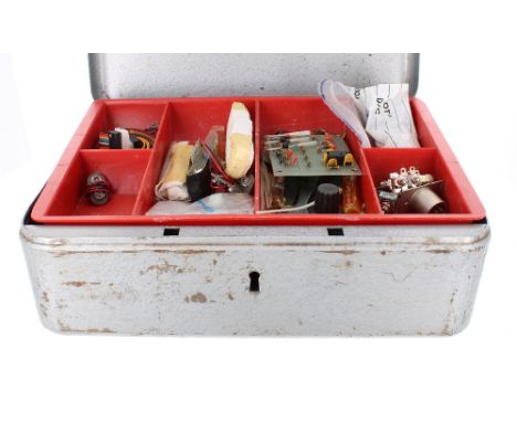 Interesting lock box labelled 'Alembic Tools (GTR RM)', containing a selection of tools and interesting Alembic guitar parts,