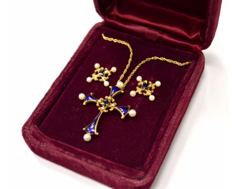 Mitternachts-Saphirkreuz 585 GG (Fabergé), besetzt m. 1x Saphiercarré, 4x kl. Diamanten,4x Zuchtperlen u. blaue Emaille, dazu