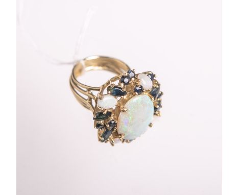 Damenring 585 GG, besetzt m. 5 Opalen (mittlere Opal-Platte ca. 18 x 13 mm, Risse, etwaslocker) u. 18 Saphiren, davon 5 im Na