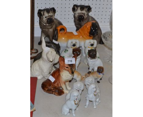 Dogs - A pair of Continental porcelain models of spaniels; another pair, similar, a model of a pug, others similar; etc 