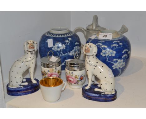 Ceramics - a pair of 19th century Staffordshire Dalmations, c.1860; oriental ginger jars (lacking covers); Worcester egg codd