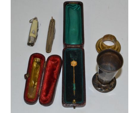 A Victorian 9ct stick pin, cased, a miniature silver trumpet vase, hallmarked; a silver pen knife, hallmarked; etc 