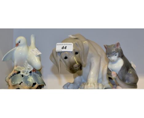 A Royal Copenhagen model of a Woeful Hound; another, Love Birds, 402; etc (3)