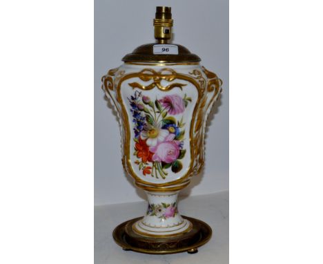 A late 19th century French porcelain, waisted pedestal urnular lamp base, well painted with flowers, 33cm high, c.1890